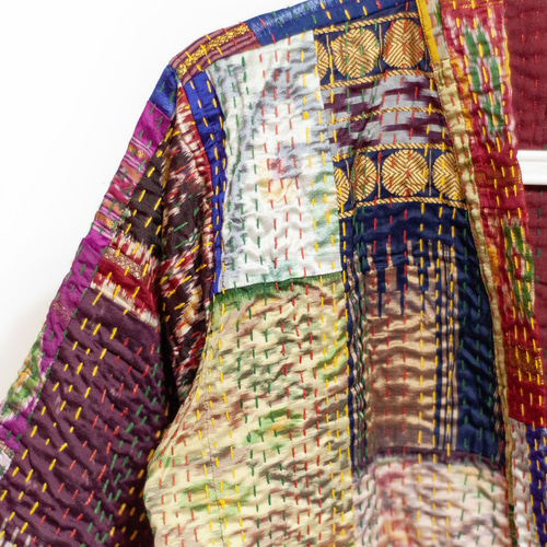 女性用手刺繍シルクジャケット インドシルクサリー パッチワーク 長袖