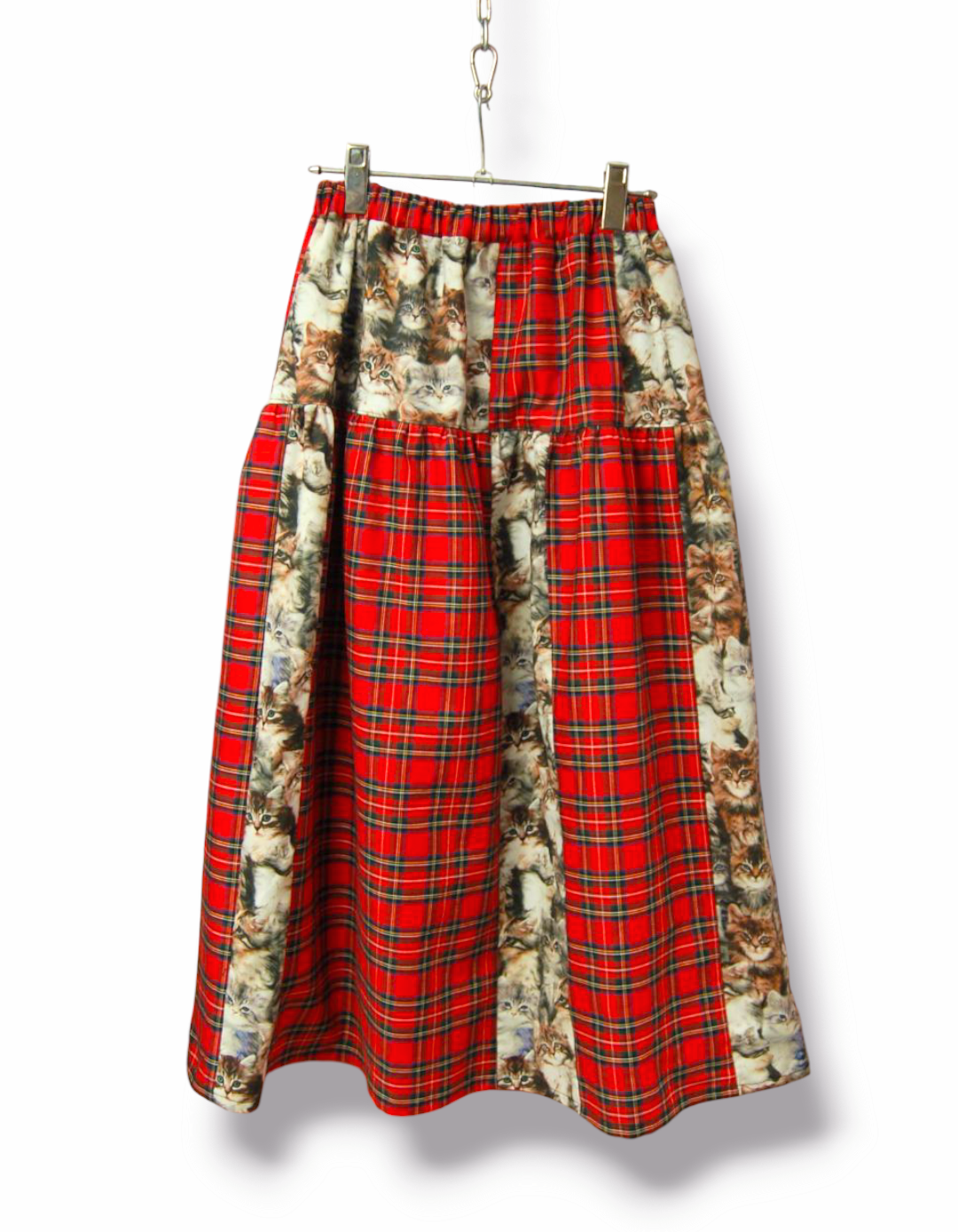 USA cotton 猫柄×タータンチェック　ミックス切り替えギャザーロングスカート
