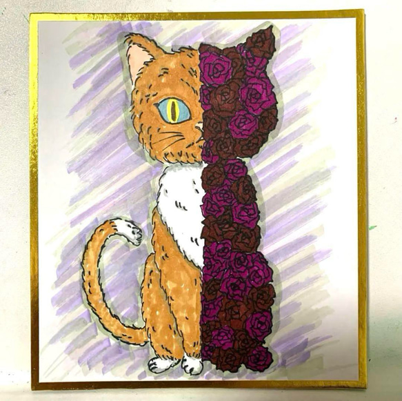 猫 薔薇 色紙アート ローズ コピックアート インテリア 絵画