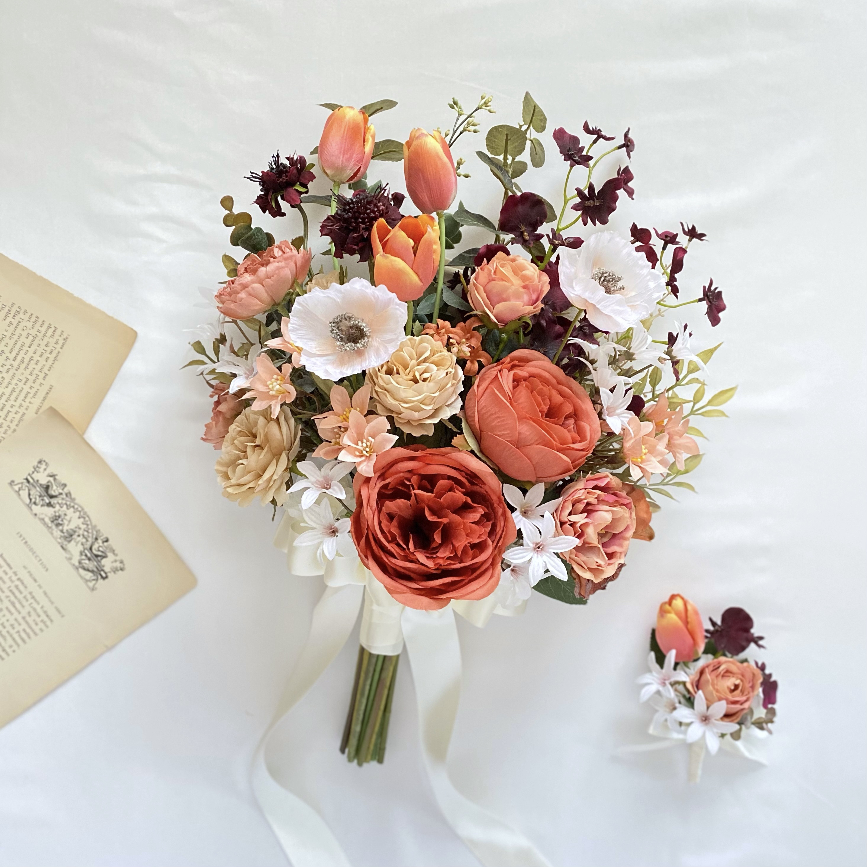 【オーダーメイド】テラコッタ ローズとポピーのアンティーク クラッチ ブーケ（造花・ウェディング・結婚式・前撮り・フォト