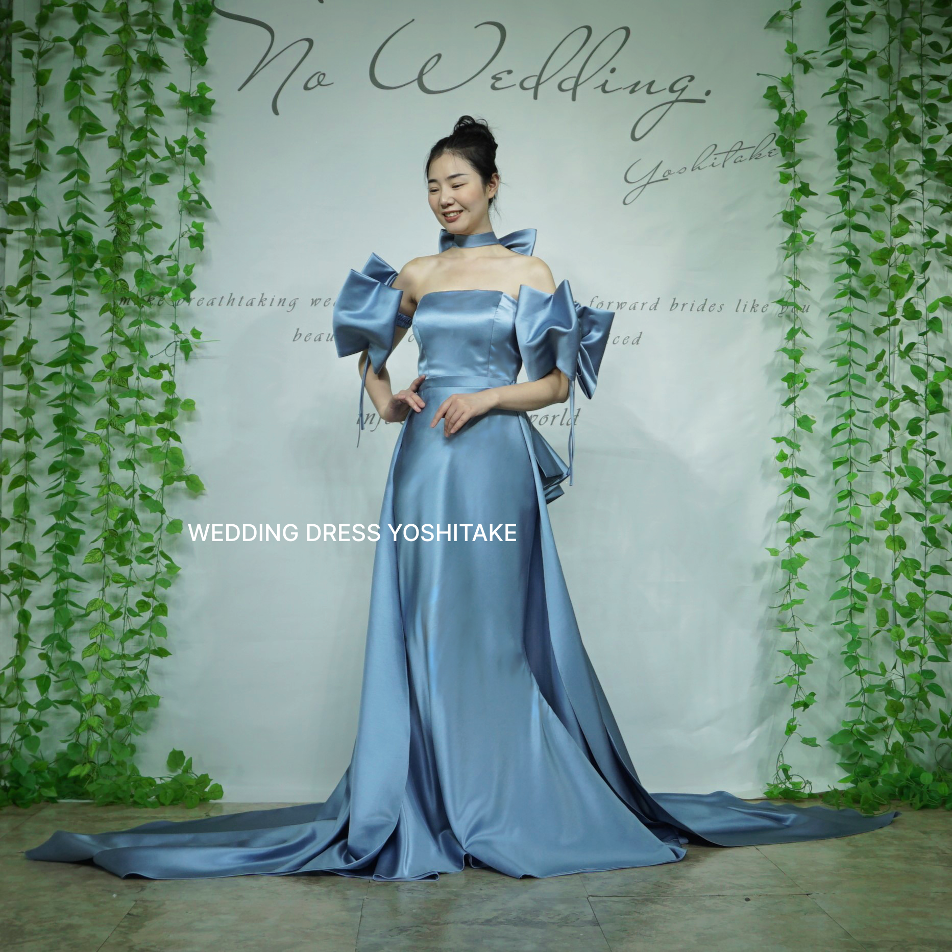 【オーダー制作】ウエディングドレス.サテン.ブルー.マーメイドドレス.リボン.結婚式.挙式.お色直し.Y1556-2