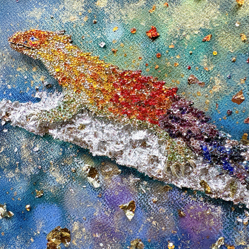 絵画　油絵　原画　アート　一点物　イエロー　生き物　トカゲ　ポップ　F4 絵画 油絵 原画 アート 一点物 イエロー 生き物 トカゲ ポップ