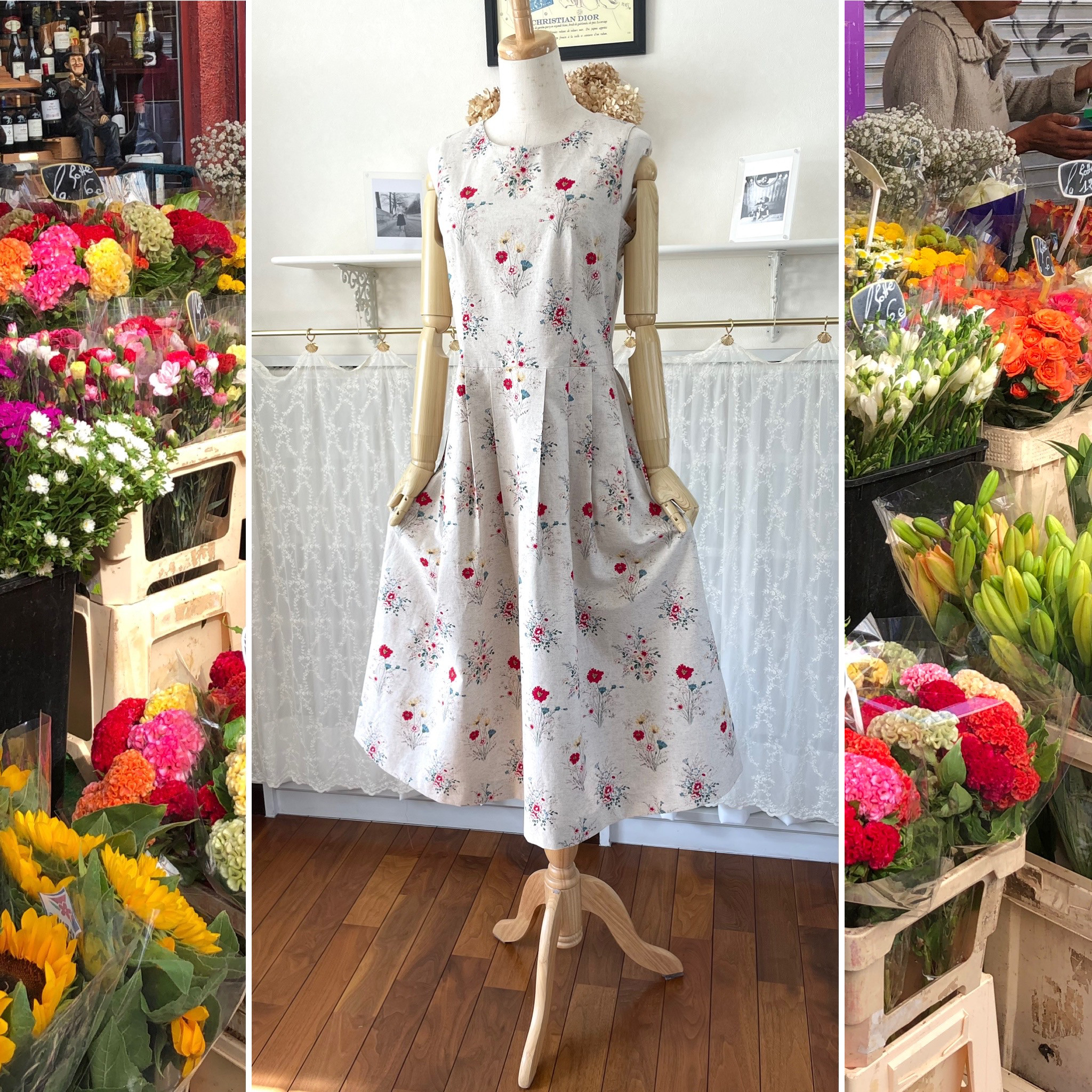 コットンリネンの花柄ノースリーブワンピース『アンリエット ・NSR』ローウエスト・タックスカート・フラワープリント