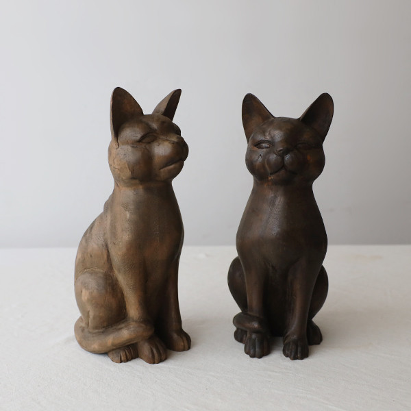 （送料無料）最終ＳＡＬＥ　アンティーク塗装　天然無垢ウッド 座る猫  ネコ置物インテリア 　W77◎