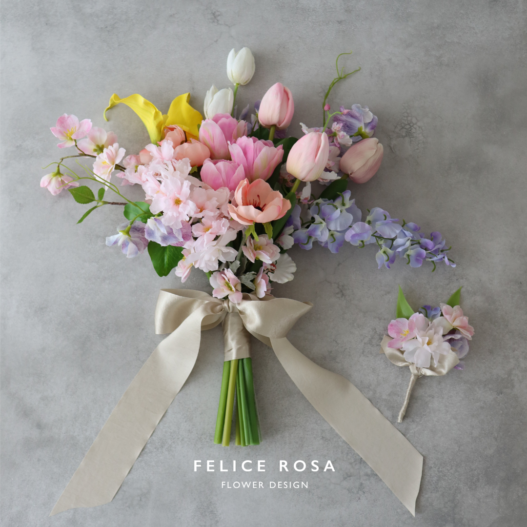 春のパステルカラー　チューリップの春ブーケ　アーティフィシャルフラワー　高級造花　カラフル　アフターブーケ可
