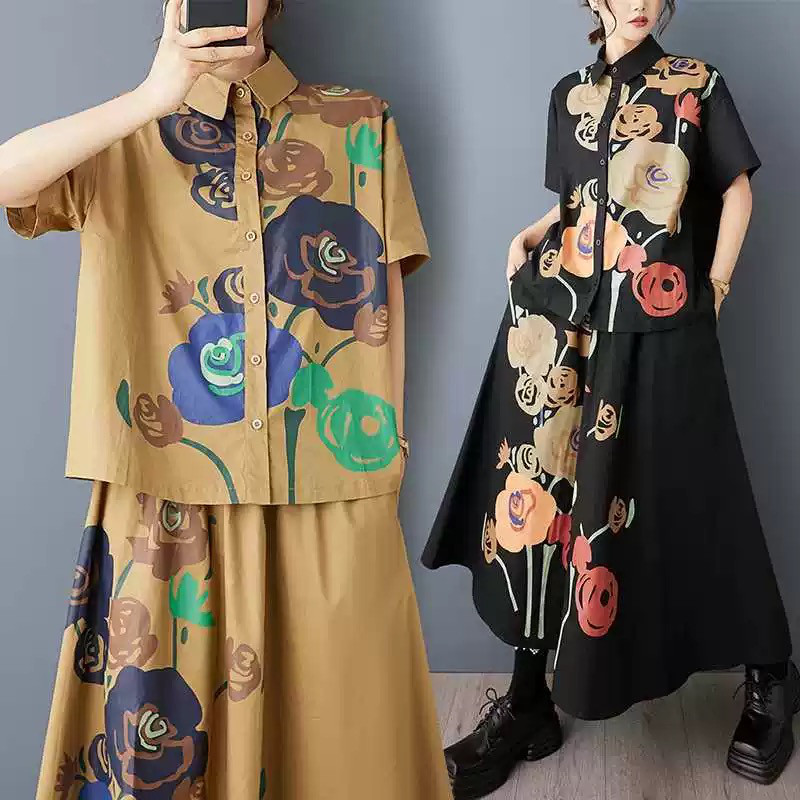 プリントデザイン感シャツゴムバンド半身スカート二点セット