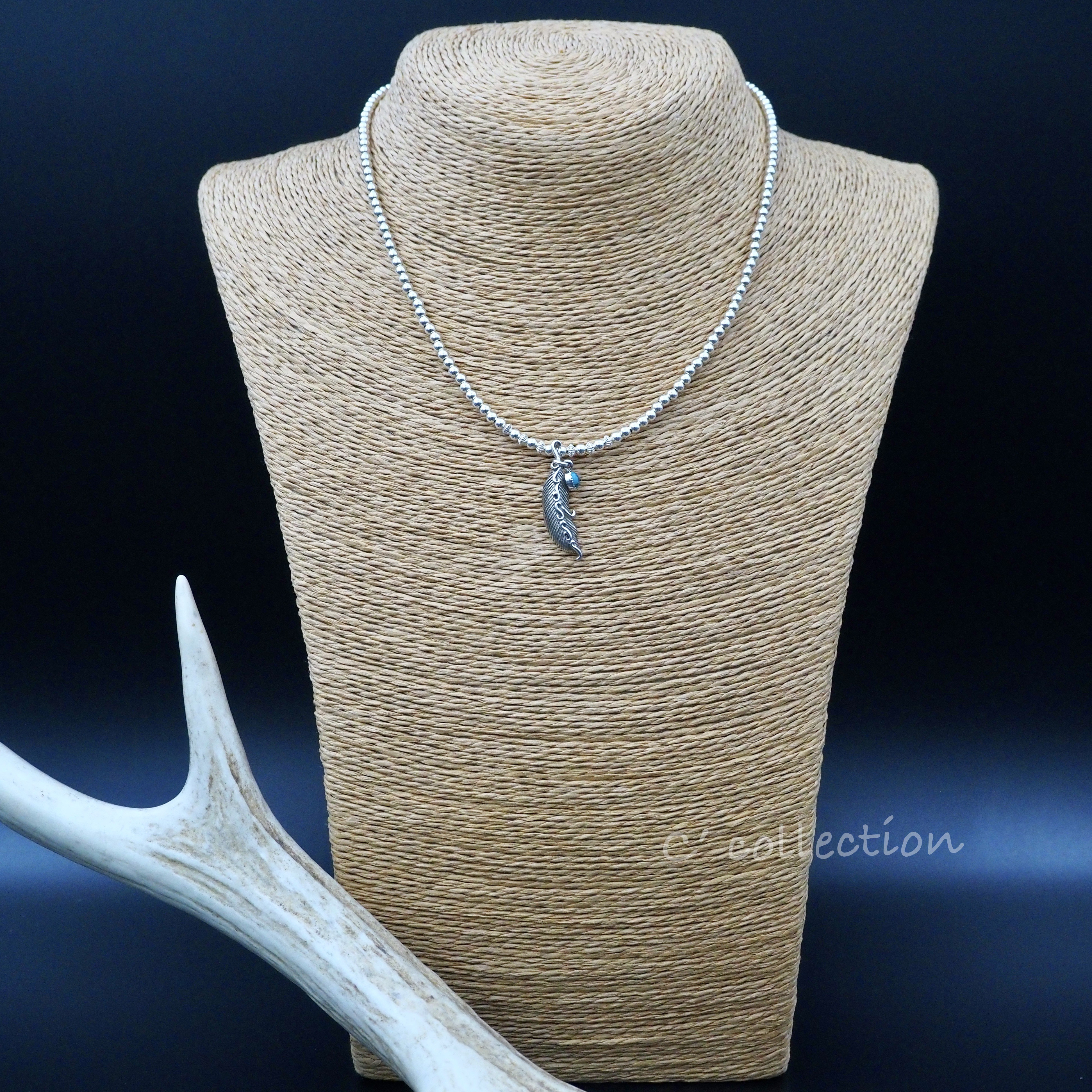C2N-32 Fether & Turquoise シルバービーズネックレス　ハンドメイドアクセサリー　フェザー