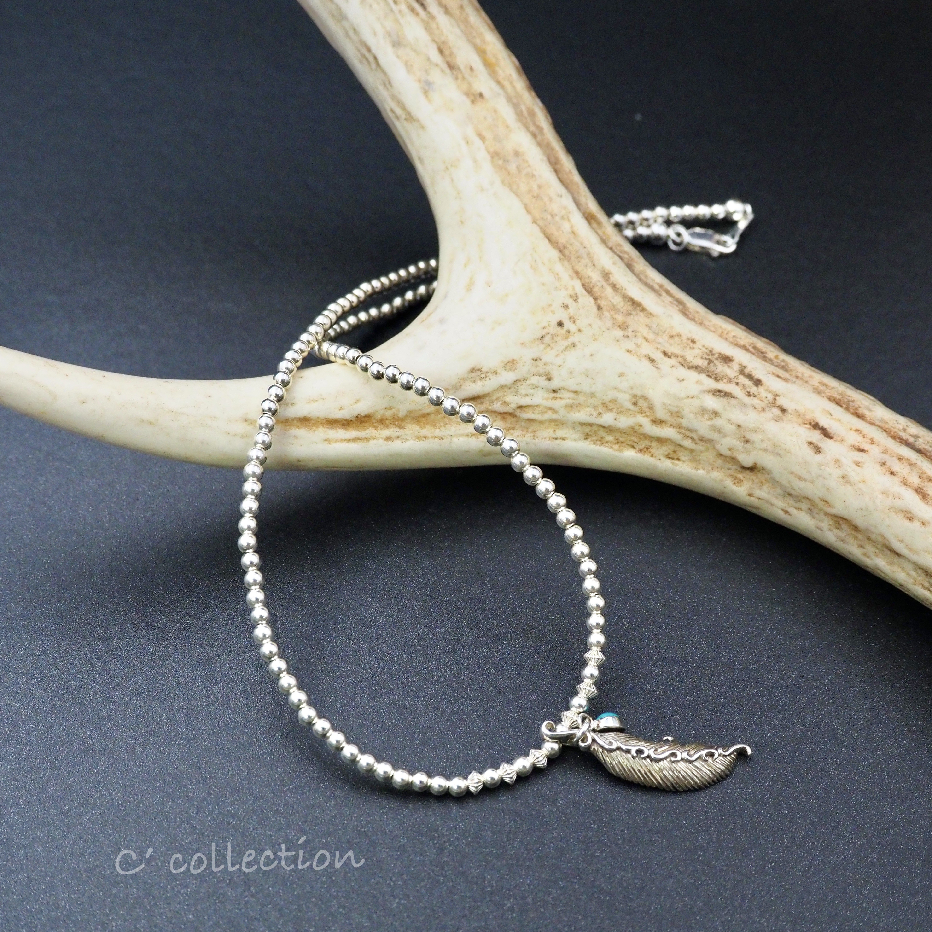 C2N-32 Fether & Turquoise シルバービーズネックレス　ハンドメイドアクセサリー　フェザー