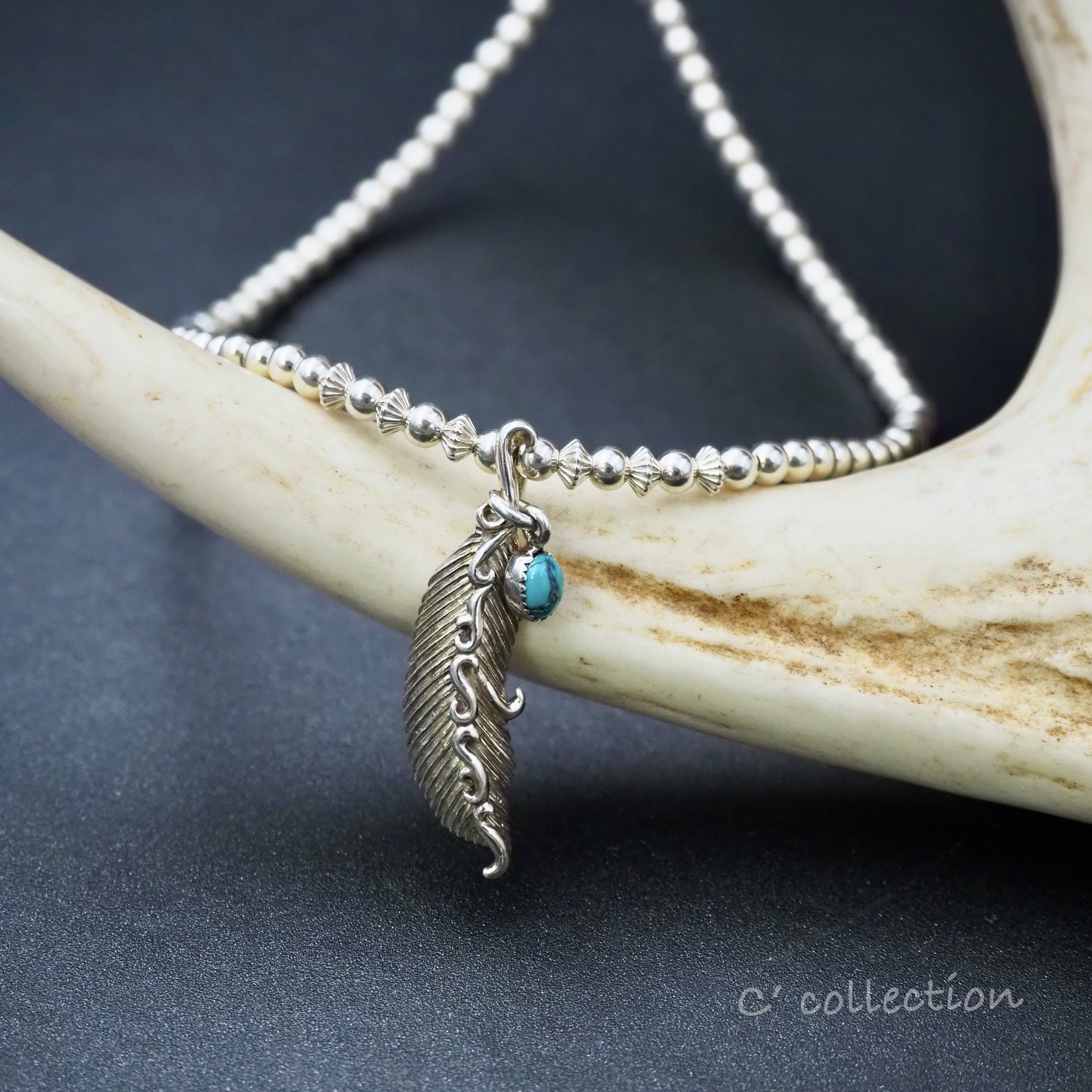 C2N-32 Fether & Turquoise シルバービーズネックレス　ハンドメイドアクセサリー　フェザー