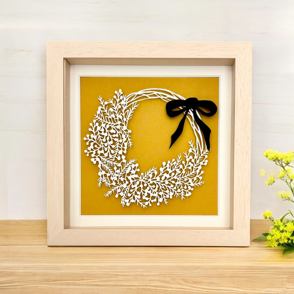 油絵 絵画 【ミモザリース】 額装切り絵『ミモザのリース』 切り絵 nopico 通販 19033030｜Creema