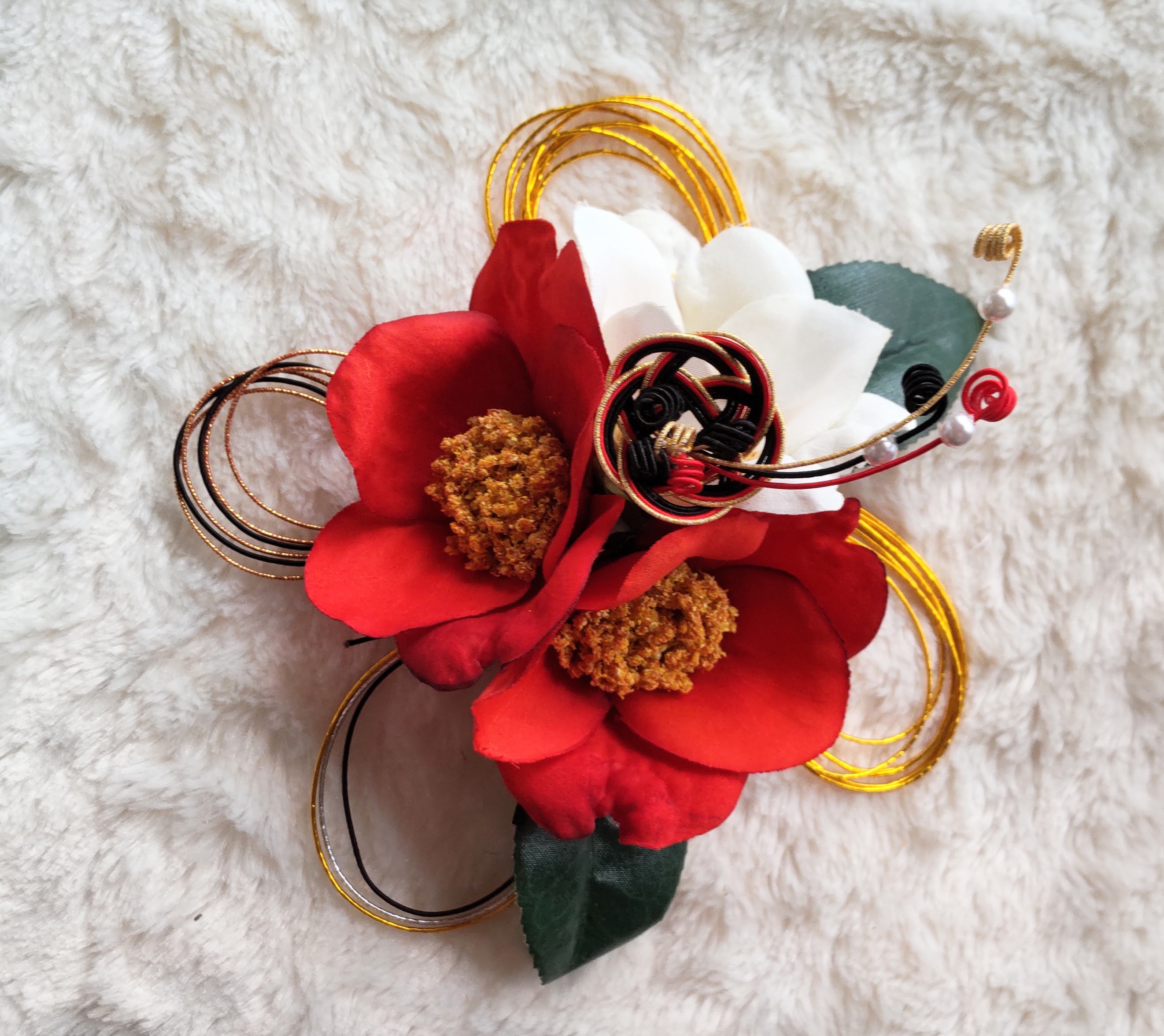 造花髪飾り　椿　3輪　結び