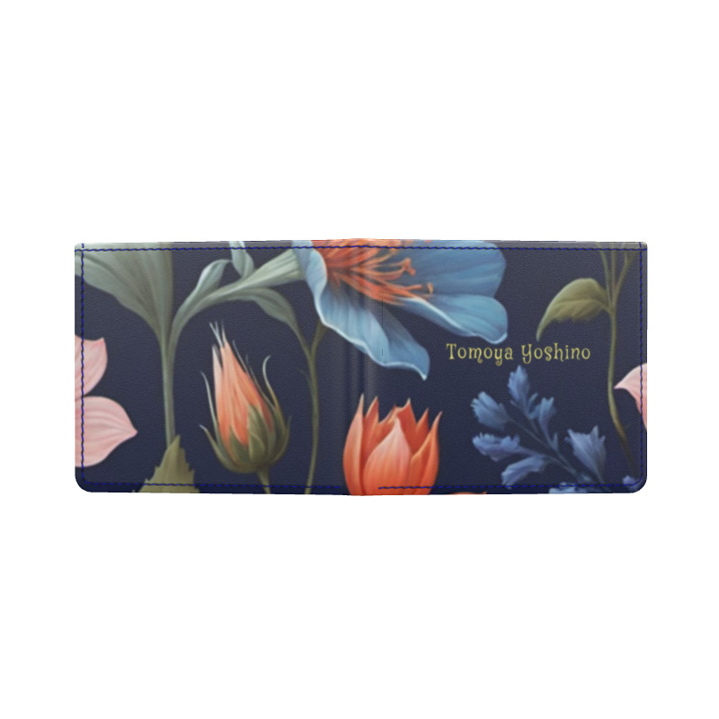水色とオレンジ色の大きい花がモダンでおしゃれな北欧のカラフルで色鮮やかな花柄 二つ折り財布 本革
