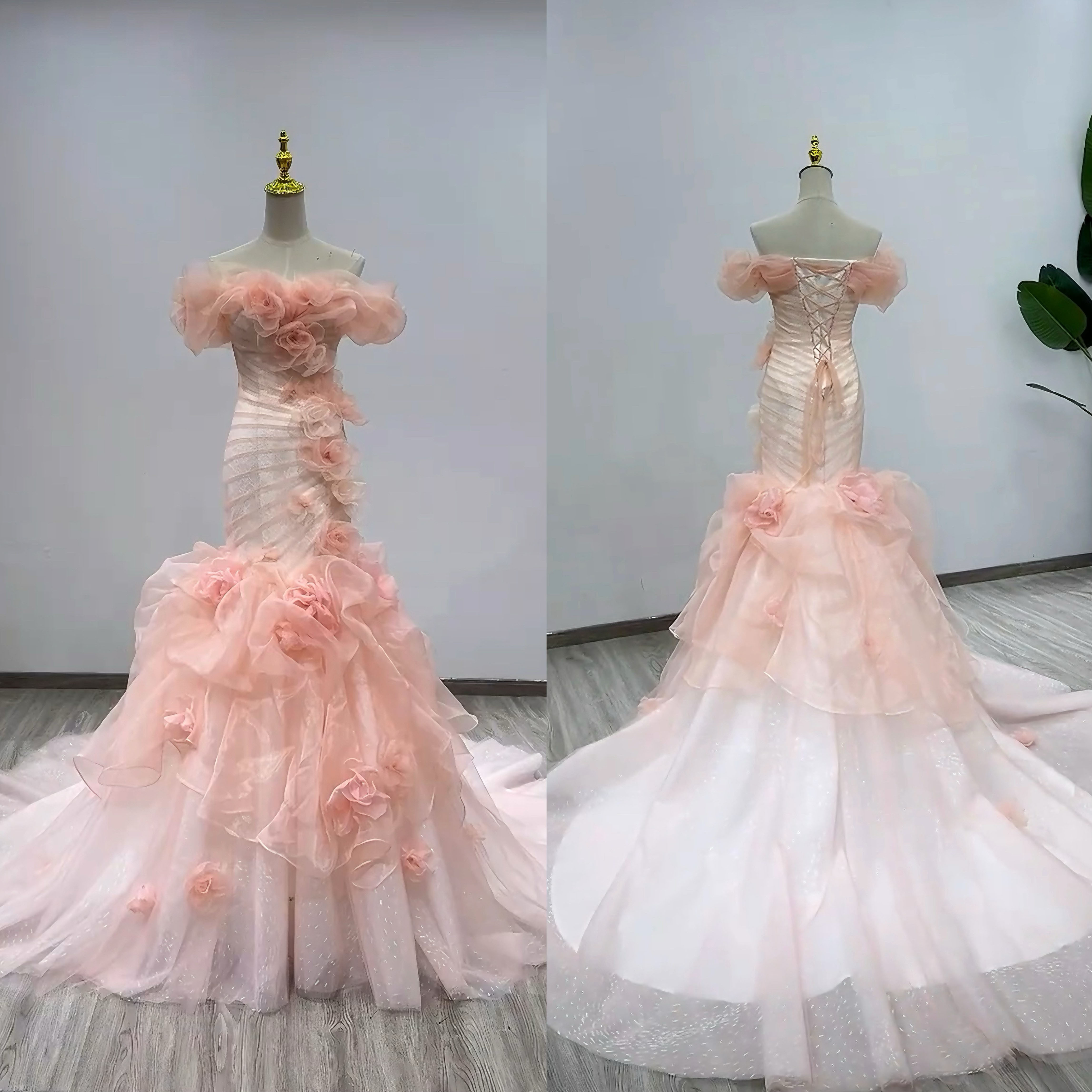 フラワー　オーガンジー　光沢感　胸フリル　ギャザー　マーメイドドレス　非対称　カラードレス　ローズ色可愛いピンク　編みあ