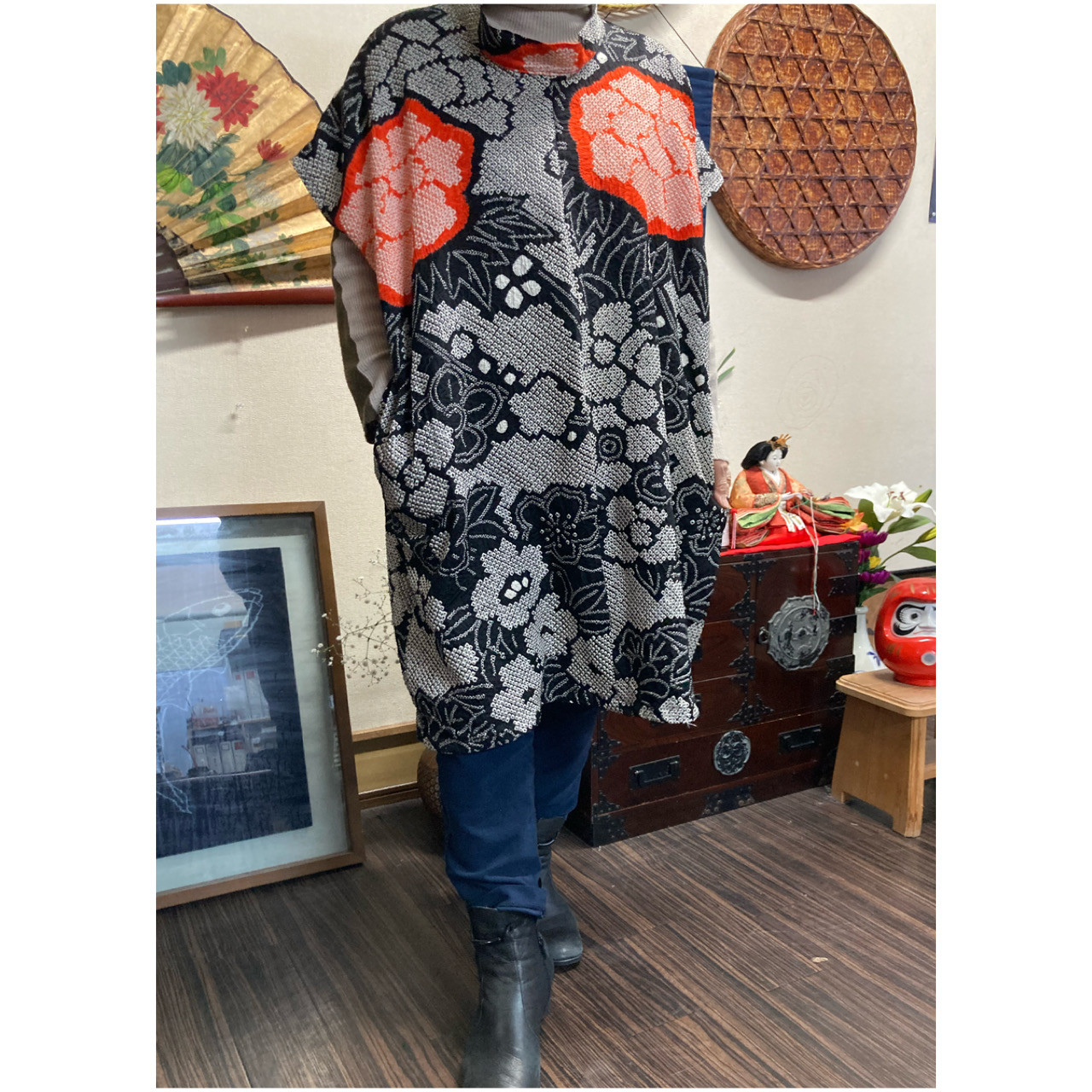 振袖総絞りのチュニック(ストール付き）　　着物リメイク