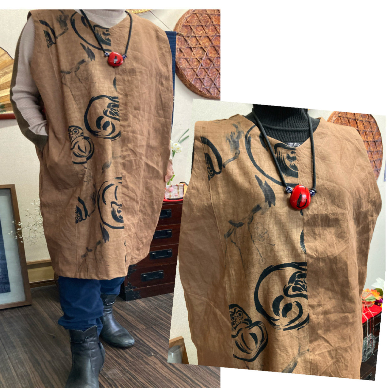 だるま柄と木綿無地の柿渋染めチュニック　　　ハンドメイド