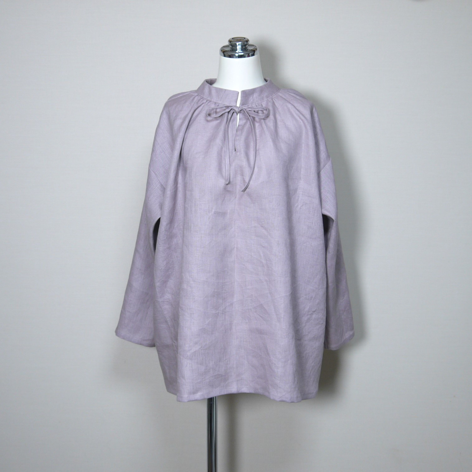 カラーリネン◆ハイネックブラウス　リボン仕様◆オールドモーブ◆フリーサイズ（中厚、リネン100％）