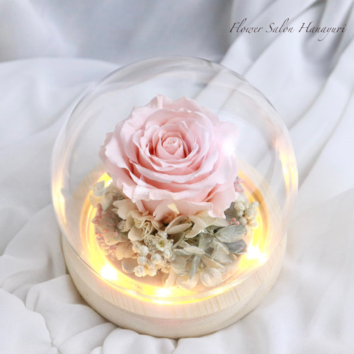 プリザーブドフラワー LEDライト付き ガラスドーム バニラピンク