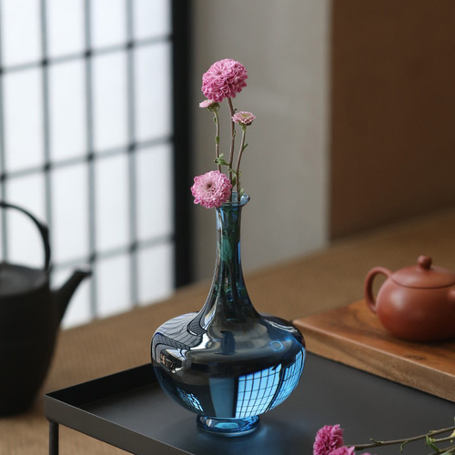 翡翠緑・グレー・ブルーのミニ花瓶 磨砂ガラス 透明琉璃花器