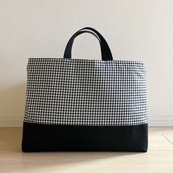 ギンガムチェックのレッスンバッグ ブラック 裏地キルティング