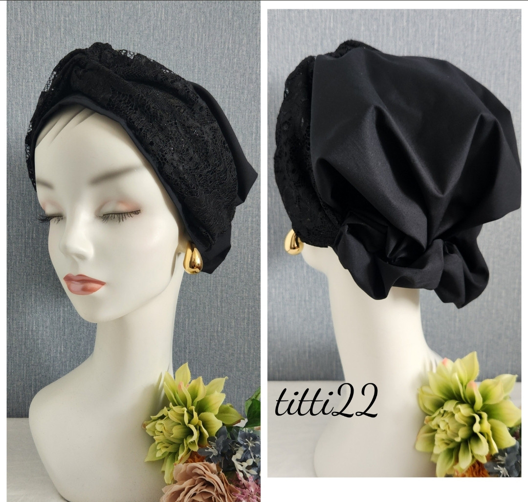 NEW 定番ブラック【レース】帽子にもなるヘアターバン