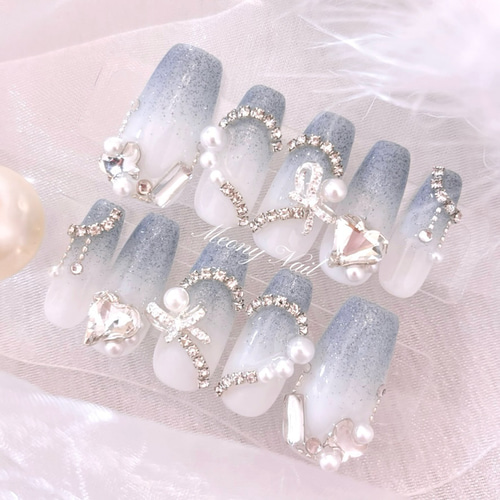 ネイルチップ フレンチガーリー 薔薇 リボン ハート ビジュー ネイル