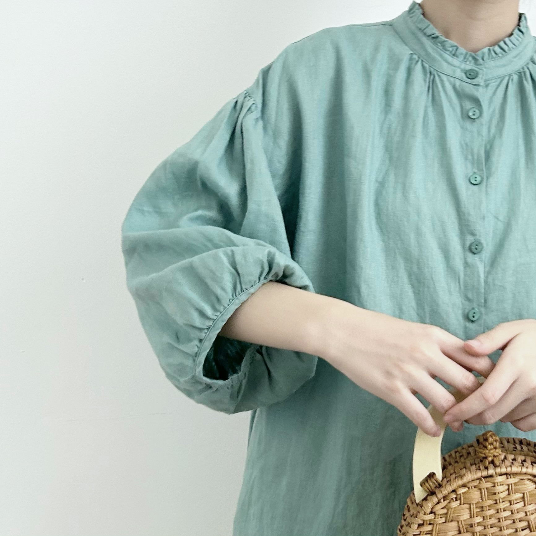 【リネンブラウス★クルーネッ】エレガントなバルーンスリーブ│４カラー│カジュアル＆通勤通学│リラックス│T-185XQN