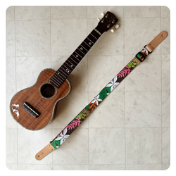 ウクレレストラップ［ブラウンプルメリア］【首の凝らないフック式・アジャスター付／布製ピン式】 3枚目の画像