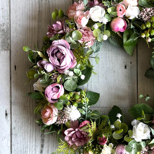【大幅値下げ】アーティフィシャルスクエアフラワーリース ピンクグレー 30cm ピンクのフラワーリース(アーティフィシャルフラワー