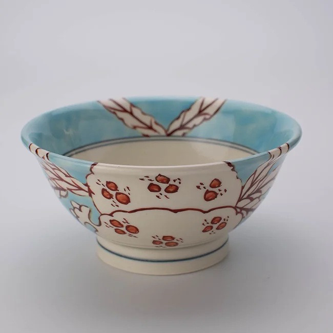 赤絵手 柘榴文 粥丼(水青・中)【陶祥窯・有田焼】