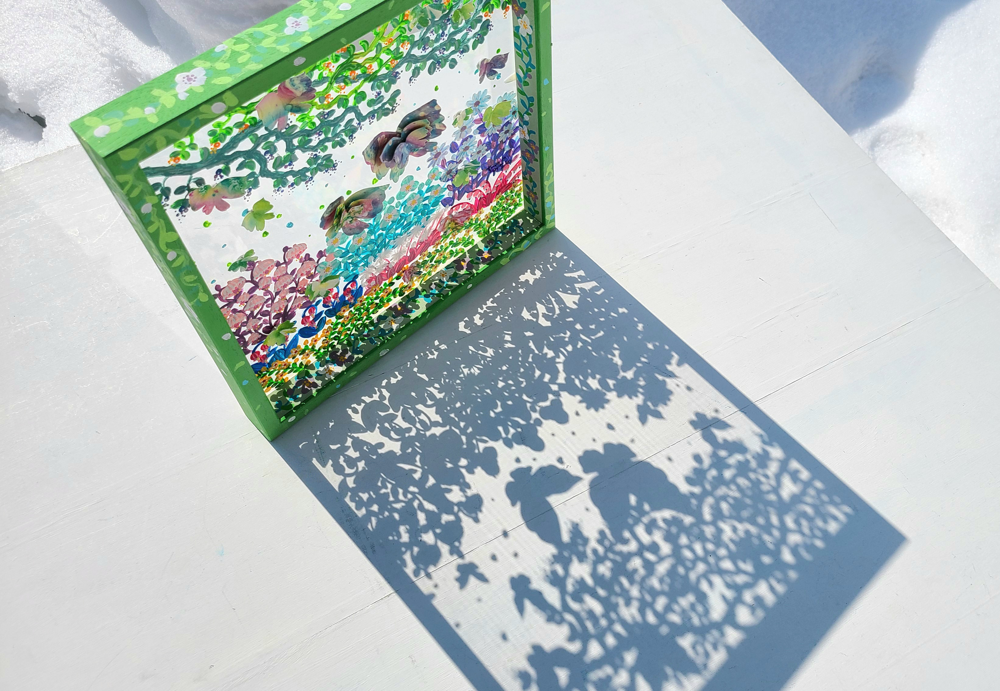 【残り一点/透明アート原画】花庭散歩~黄緑×蝶々~　クリアBOX　32cm