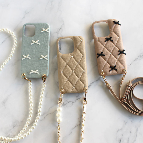 レザーハードorキルティングケース×リボン×ロングストラップ