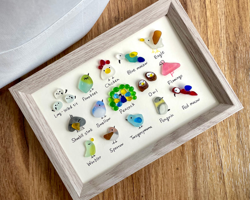 シーグラスアートNo.106☆図鑑 鳥 5×3雑貨 置物 ミニチュア シマエナガ