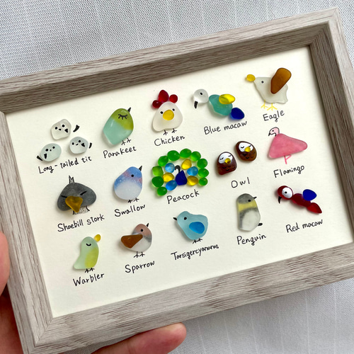 シーグラスアートNo.106☆図鑑 鳥 5×3雑貨 置物 ミニチュア シマエナガ