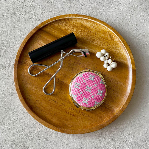 手鏡 コンパクトミラー こぎん刺し『べこ C: 薄グレー×ピンク』円形