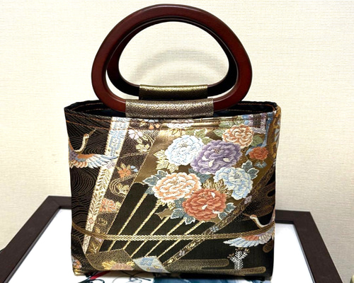 帯リメイク 和装バッグ 鶴 花柄 トートバッグ 手作り かごバッグ