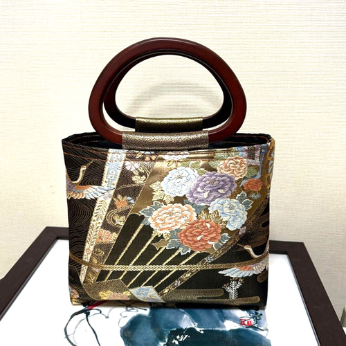 帯リメイク 和装バッグ 鶴 花柄 トートバッグ 手作り かごバッグ