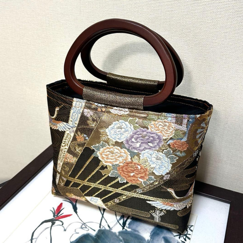 帯リメイク 和装バッグ 鶴 花柄 トートバッグ 手作り かごバッグ