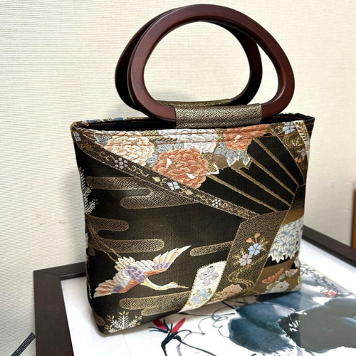 帯リメイク 和装バッグ 鶴 花柄 トートバッグ 手作り かごバッグ