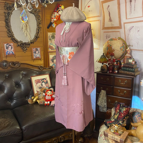 付け下げ着物 リメイク ワンピース ドレス 洗える 化繊 名古屋帯