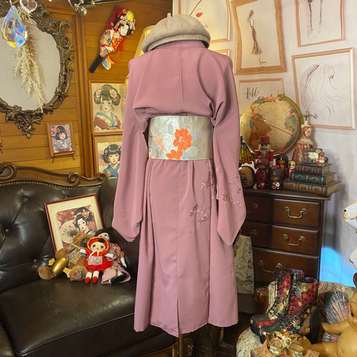 付け下げ着物 リメイク ワンピース ドレス 洗える 化繊 名古屋帯