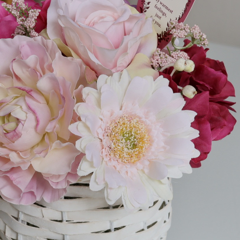 《ずっと咲いてる》ラナンキュラス＆バラ＆ガーベラのピンクバスケット/アーティフィシャルフラワー