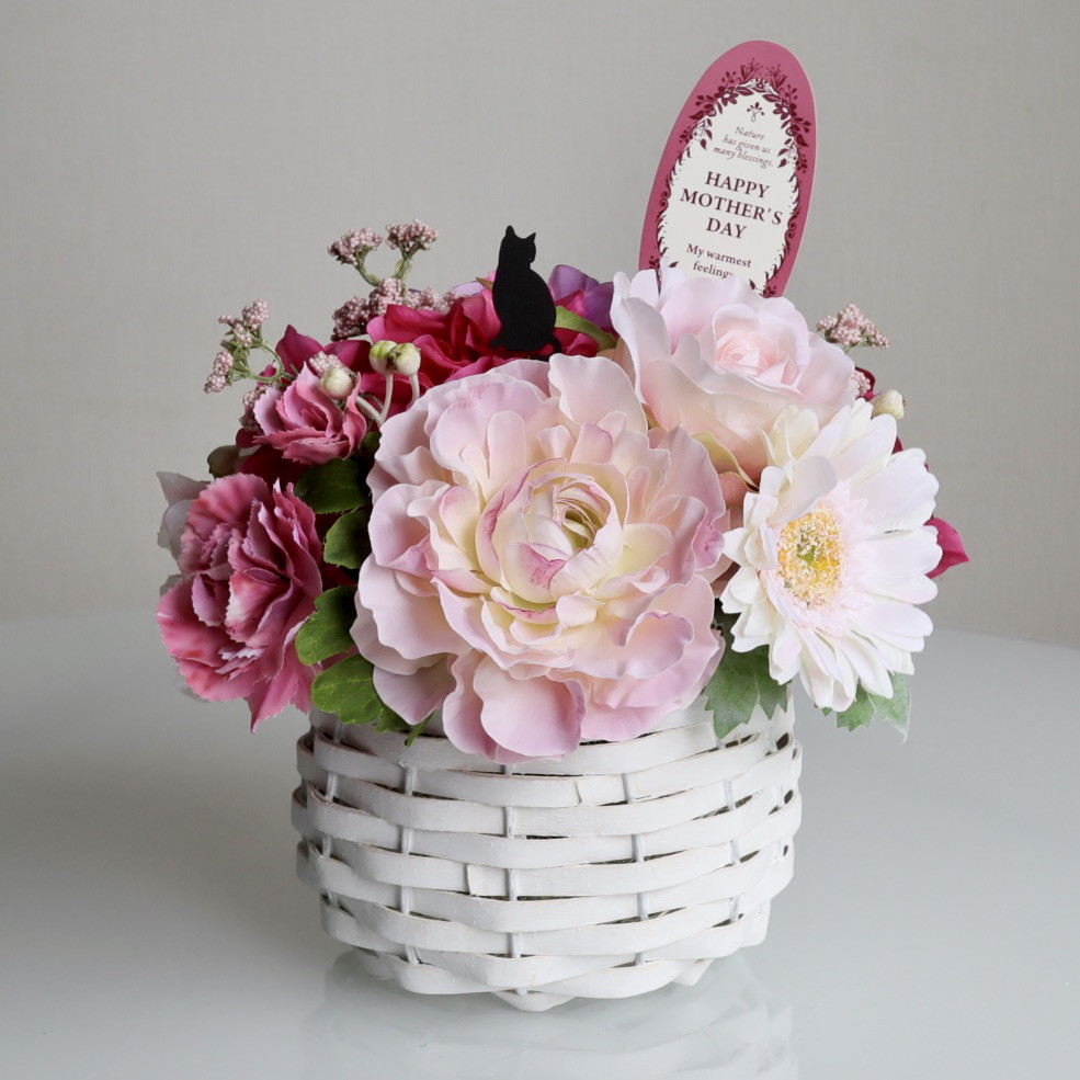 《ずっと咲いてる》ラナンキュラス＆バラ＆ガーベラのピンクバスケット/アーティフィシャルフラワー