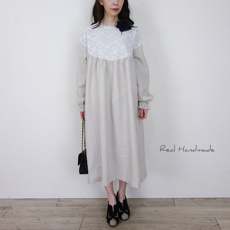 [予約販売] ヨーロッパナチュラルリネンアンティーク風丸ヨーク袖フリルワンピース
