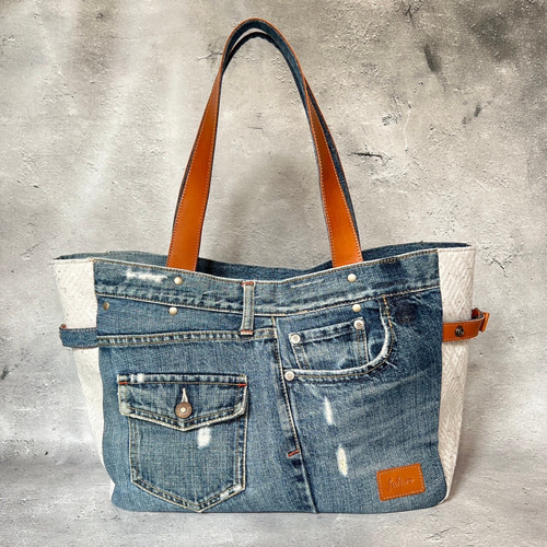 デニムリメイクバッグ 多機能性 Lサイズ デニムリメイクバッグ＊Chez Denim シェデニム Lサイズ①