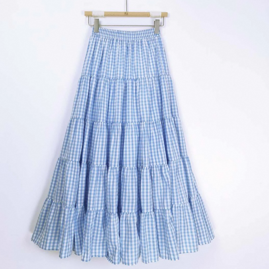 チェック綿麻スカート（ホワイト、ブルー）春夏スカート 大人カジュアルスカート ロングスカート レディーススカート 春夏秋