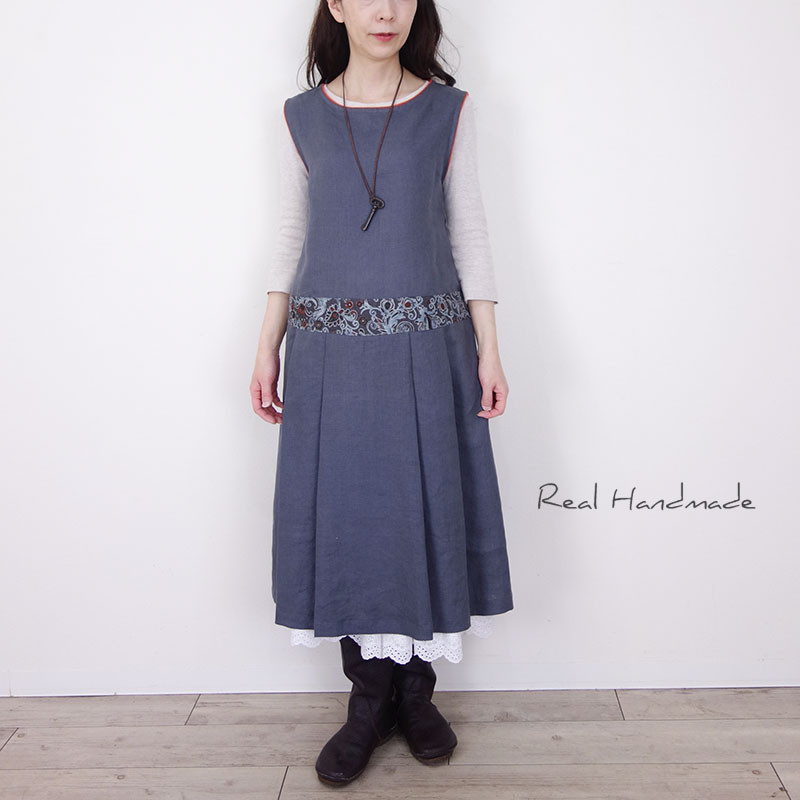 [予約販売] ヨーロッパチャコールリネンとジャパネスク切替プリーツワンピース