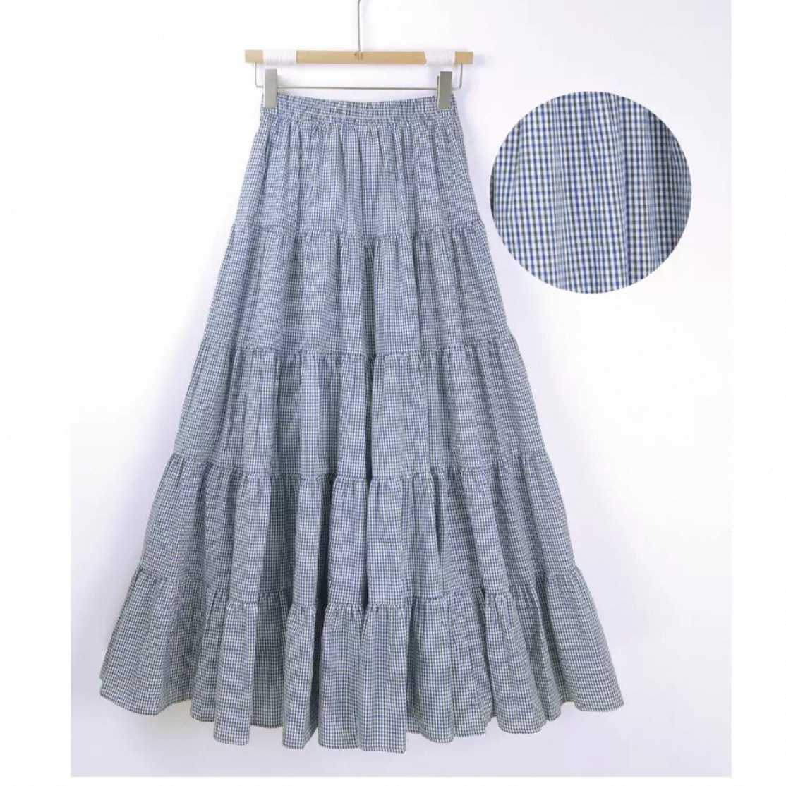 チェック綿麻スカート（ネイビー）春夏スカート 大人カジュアルスカート ロングスカート レディーススカート 春夏秋