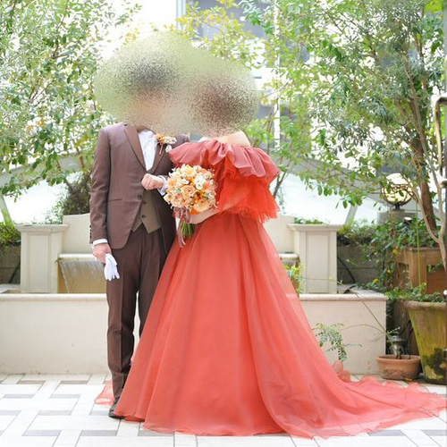 実例写真！取り外しオフショルダー テラコッタ色 キラキラグリッター