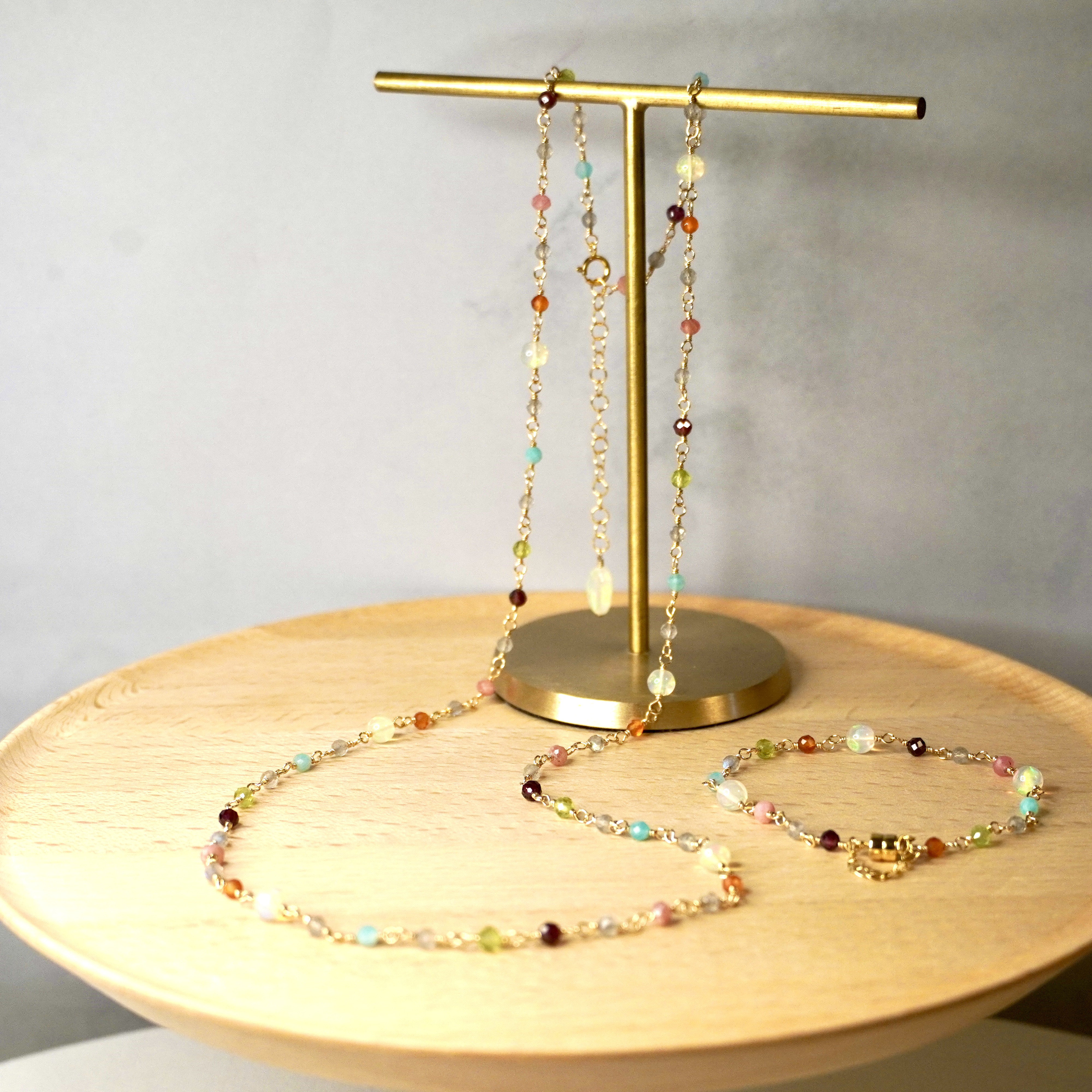 「春の訪れ」ロングネックレス&ブレスレットセット【天然石・All 14Kgf】