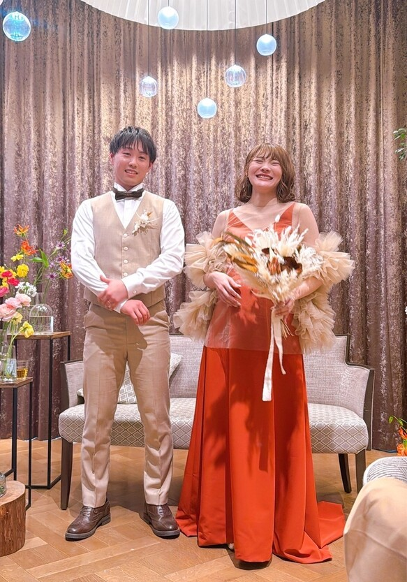 実例写真！パーティードレス ツーピース テラコッタ色 トップス ロングワンピース キャミソール 前撮り Vネックドレス